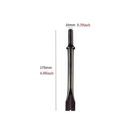 Five Piece Pneumatic Air Hammer Chisel Bit Set With 6.88 Inch Bits, 10mm Round Shank, One Chisel Displayed with Measurements