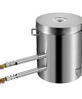 Front view of stainless steel propane melting furnace with dual side inlet pipes and handles