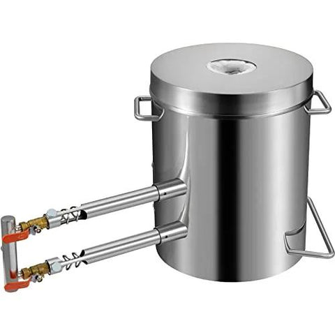 Front view of stainless steel propane melting furnace with dual side inlet pipes and handles