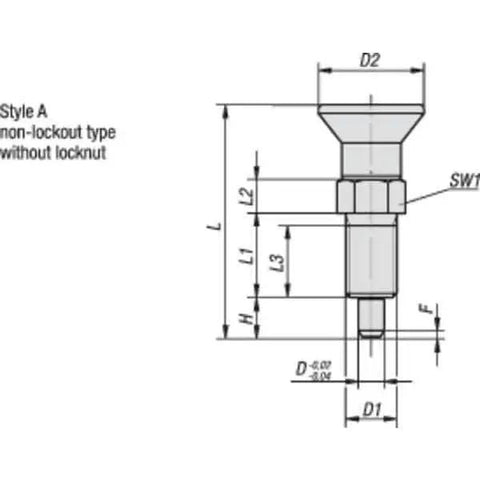 Technical drawing of Rock Solid Steel Indexing Plunger With Hardened Extended Locking Pin And Black Oxide Finish Metric M10 Thread Pull Knob.
