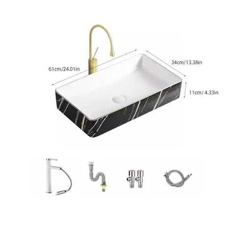 Nordic Black Bathroom Vessel Sink - Small Above Counter Wash Basin with gold faucet, 61x34x11 cm, ideal for modern bathrooms.