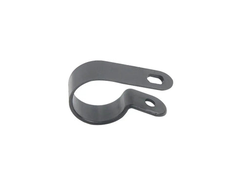 A single 3/4 inch black nylon R-type cable clip from the 100 Pack 3/4 Inch Nylon Cable Clips R Type Kit Black Wire Clamps Fasteners For Cable Management And Wire Mounting Great For Auto Home Theater And Workshop Projects, shown flat and open