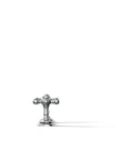 Artifacts Deck Mount Bath Faucet Handle Trim with cross design in polished chrome, premium metal, shown in close-up.