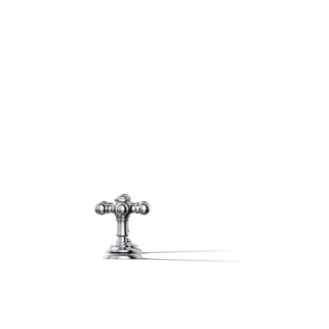 Artifacts Deck Mount Bath Faucet Handle Trim with cross design in polished chrome, premium metal, shown in close-up.