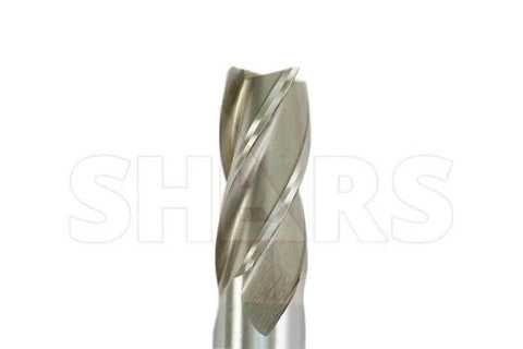 Close-up of a Shars four-flute HSS end mill, uncoated, center-cut
