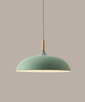 Modern Nordic Style Hanging Lamp Fixture Featuring Solid Wood Accents And Durable Iron Base Super Sleek Green Metal Shade in cozy setting.