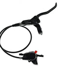 Side view of Shimano MT200 hydraulic disc brake lever with hose and caliper, front and rear set
