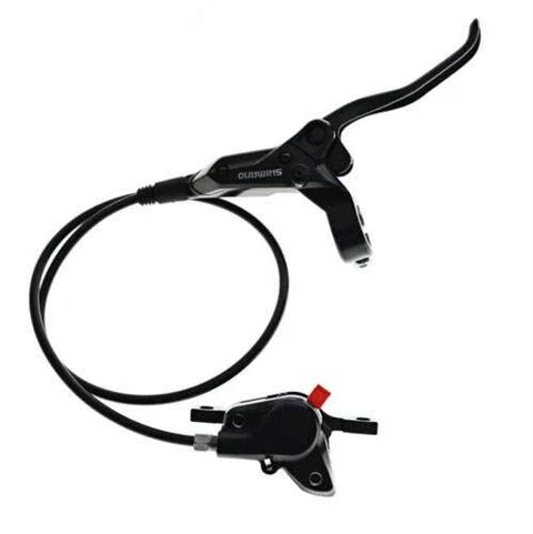 Side view of Shimano MT200 hydraulic disc brake lever with hose and caliper, front and rear set