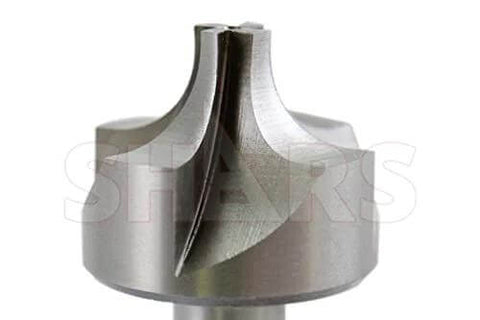 Shars 3/8 in x 3/4 in HSS corner-rounding end mill, close-up of fluted tip with SHARS watermark.