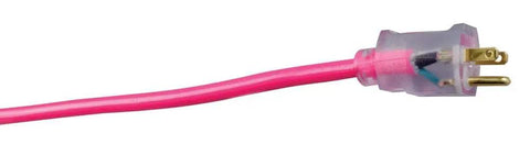 Close-up of plug on Outdoor Extension Cord 100 Ft Heavy Duty All Copper Wire 12/3 SJTW Weatherproof Vinyl Jacket With High Visibility Pink and Green Safety Stripe