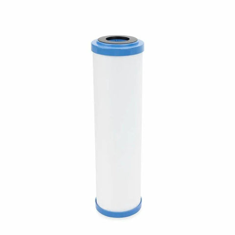 Premium RV Inline Water Filter Replacement Cartridge with 5 Micron Filtration for EVO Housing, white and blue cylindrical design.