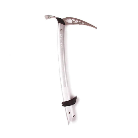Hummingbird Ice Axe showing titanium head and aluminum shaft, ergonomic grip, for ski mountaineering and ice climbing versatility