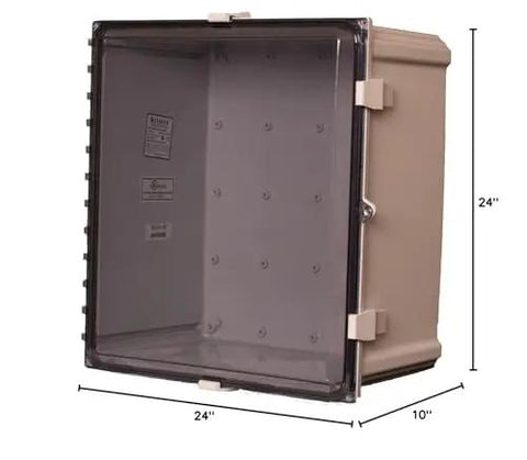 Rugged Polycarbonate Enclosure With Hinged Locking Clear Cover 24 X 24 X 10 Inches IP68 NEMA 4X Non-Metallic Control Box UL Listed