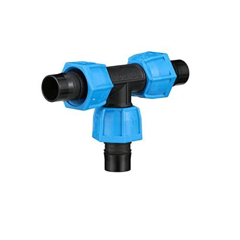 Watts ANKA 1-inch poly-pipe tee fitting with blue tapered nut seals, black nylon body