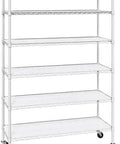 Rock Solid Heavy Duty Wire Shelving Rack With Six Sturdy Steel Shelves For Garage Organization And Storing Bulky Gear White Finish Ultra Durable Construction. 6-tier wire shelving unit on wheels for versatile storage.
