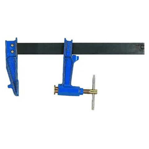 Premium Steel Plunger Screw Clamp Featuring Beefy T Handle And No Nonsense Non Slip Braking Mechanism For Killer Holding Power On Demanding Construction Sites in blue with metal bar.