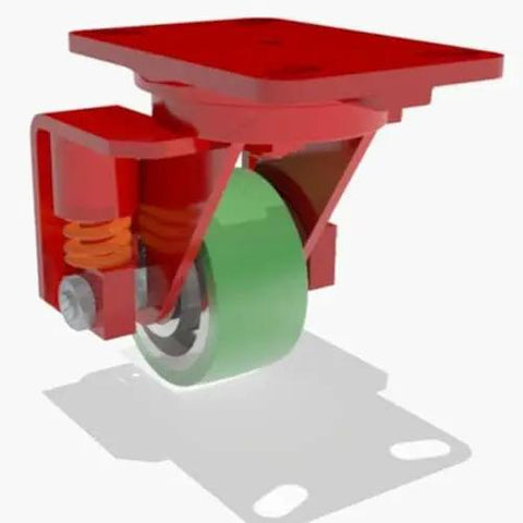 Heavy Hitter Four Inch Swivel Caster With Spring Loaded Stem And Ridin Smooth Polyurethane On Cast Iron Wheel Featuring Precision Ball Bearings, red and green design, showing swivel mechanism.