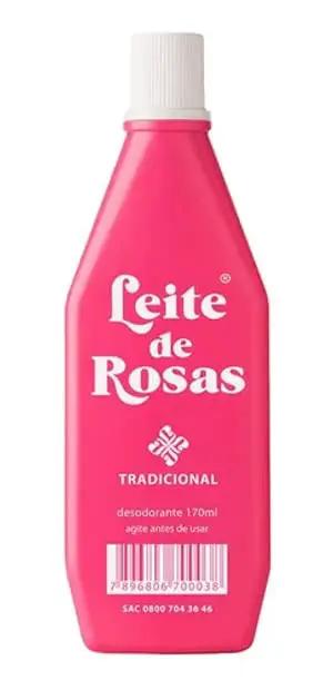 Leite de Rosas traditional deodorant bottle, 170ml, pink design with white cap.
