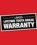 Limited lifetime tooth-break warranty badge on red background