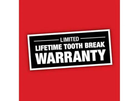 Limited lifetime tooth-break warranty badge on red background