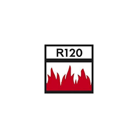 Fire resistance symbol with R120 rating indicating durability against fire for 120 minutes, red flames on white background.