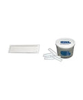 Bulk pack of 100 clear stick-on finger pulls next to a container for display showcases and glass doors.