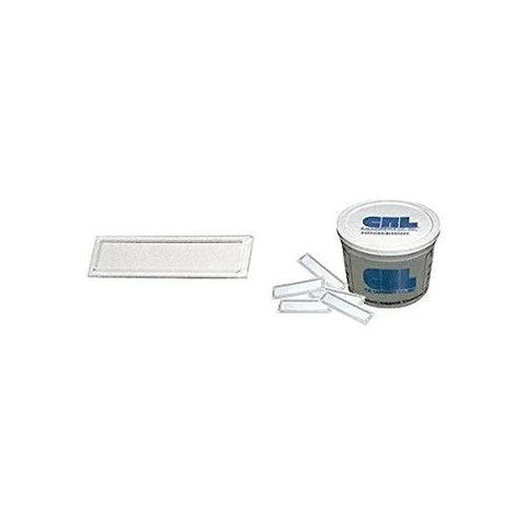 Bulk pack of 100 clear stick-on finger pulls next to a container for display showcases and glass doors.