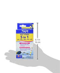 Heavy Duty 5 In 1 Aquarium Test Strips Freshwater And Saltwater Fish Tank Monitor PH Nitrite Nitrate Carbonate Hardness 25 Count Box held in hand.