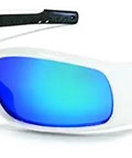 Swagger 12 Pair Safety Glasses With Blue Diamond Mirror Lenses White Frames Co Injected Soft Temples And Orbital Seal UV400 Protection Polycarbonate Lens For Work And Shop Tasks viewed from the side, highlighting blue lenses and white frames.