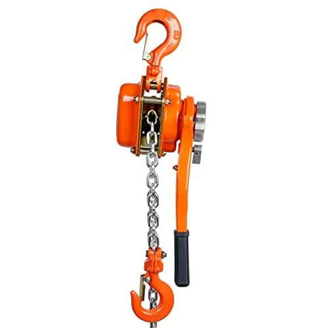Side view of Manual Lever Chain Hoist 0.75 Ton 1650 Lbs 10 Ft Come Along Weston Double Pawl Brake Galvanized Steel 360 Degree Hook