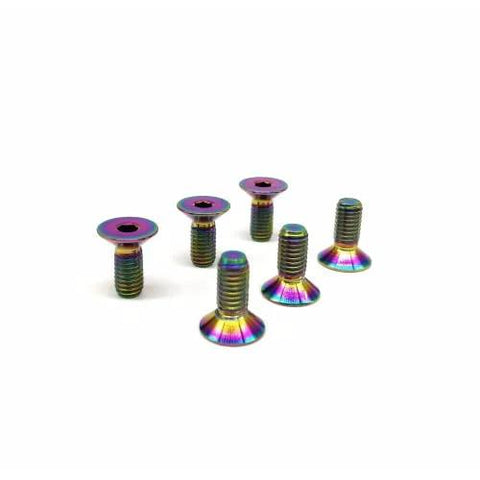 M5x12mm Titanium Steering Wheel Bolts Kit, 6 Pieces, Countersunk Flat Head Screws With Rainbow Titanium Finish shown in front view