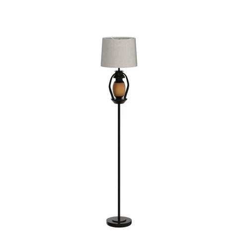 Cozy Farmhouse Floor Lamp With Lantern Night Light, rustic standing lamp, beige linen shade, oil rubbed bronze finish