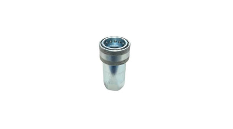 Front view of 3/4 in ISO 5675 Pioneer hydraulic quick-connect coupling, metal body with knurled collar, red dust caps