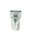 Close-up of silver metal 1-inch AG ISO 5675 Pioneer-style hydraulic quick-connect coupler with 1-inch NPT thread