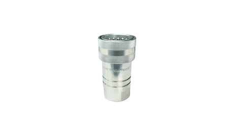 Close-up of silver metal 1-inch AG ISO 5675 Pioneer-style hydraulic quick-connect coupler with 1-inch NPT thread