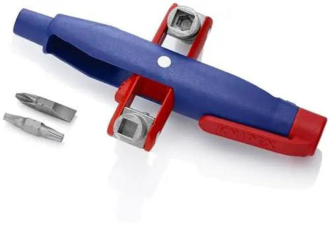 Universal Control Cabinet Key Pen Style With Clip Featuring Four Key Profiles for gas, water, electric; blue and red tool with adapters