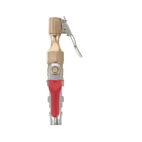 Straight Up Slick Lock On Tire Inflator Chuck Quick Release Valve showing metal fitting and red nozzle for hassle-free inflation.