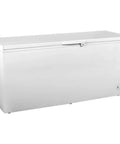 Heavy Duty Commercial Chest Freezer That Runs On Beast Mode Keeping Food Dead Cold Even When The Hinged Lid Stays Open in bright white.