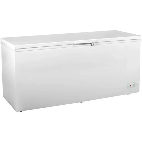 Heavy Duty Commercial Chest Freezer That Runs On Beast Mode Keeping Food Dead Cold Even When The Hinged Lid Stays Open in bright white.