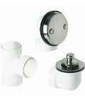 French Gold Lift And Turn Tub Drain Set Zero Hassle Bathroom Upgrade Compatible With Abs Pipe Includes Overflow Head Drain Shoe Tee And Trim, showing three installation components.