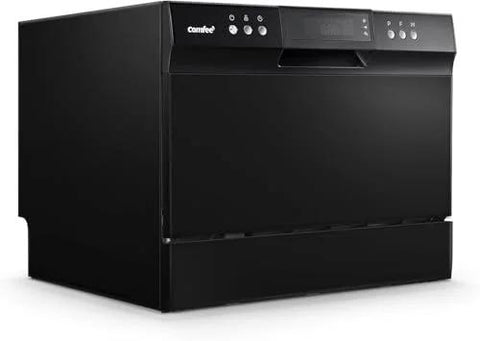Comfee countertop dishwasher, black compact portable unit, front view with control panel