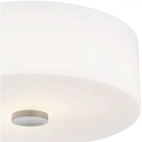 Close-up of Sophie 2 Light Flush Mount Ceiling Light In Polished Nickel Finish, white shade with polished nickel accent, no bulbs included.
