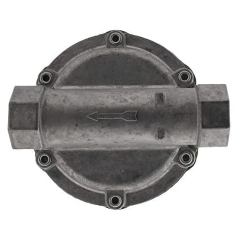 Gas pressure regulator, Amazon brand, metal circular body with bolt holes, front view