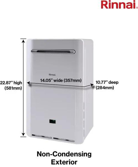 Natural Gas Tankless Water Heater Featuring Smart Circ Recirculation Pump That Syncs To Your Daily Grind For Always Hot Taps Zero Hassle Comfort And Straight Shot Energy Savings Month To Month, non-condensing exterior, height 22.87 inches, width 14.05 inches, depth 10.77 inches.