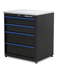 Heavy Duty 9 Piece Garage Tool Storage Workbench With Locking Drawers And Stainless Steel Top featuring a black cabinet with four deep drawers.