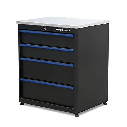 Heavy Duty 9 Piece Garage Tool Storage Workbench With Locking Drawers And Stainless Steel Top featuring a black cabinet with four deep drawers.