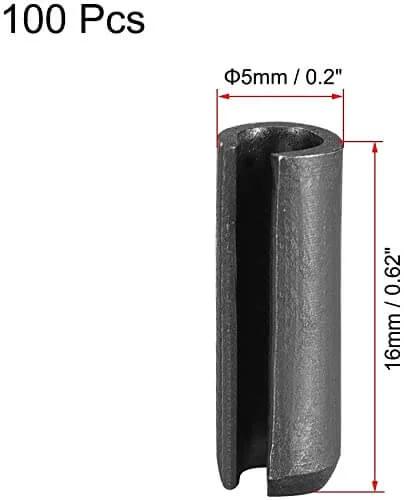 Slotted Spring Pins 5mm x 16mm Smooth Finish 65Mn, 100 Piece Assortment Kit for DIY Friendly Small Machinery Projects, axial view