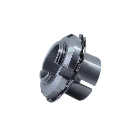 Side view of a gray metal bearing adapter sleeve with inner bore and external notches