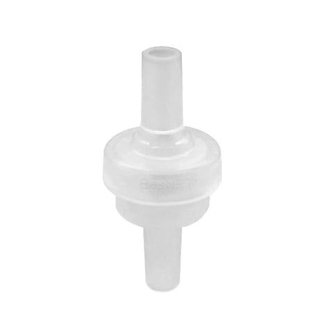 Inline hose check valve, 1/4 barb, white PVDF plastic