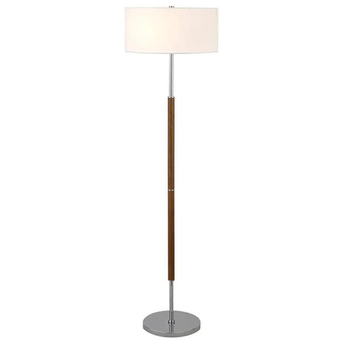 Two Light Floor Lamp With Linen Drum Shade In Rustic Oak And Polished Nickel Finish Tall 61 Inch Stand For Living Room Bedroom Or Home Office Two Independently Operated Bulbs For Adjustable Lighting